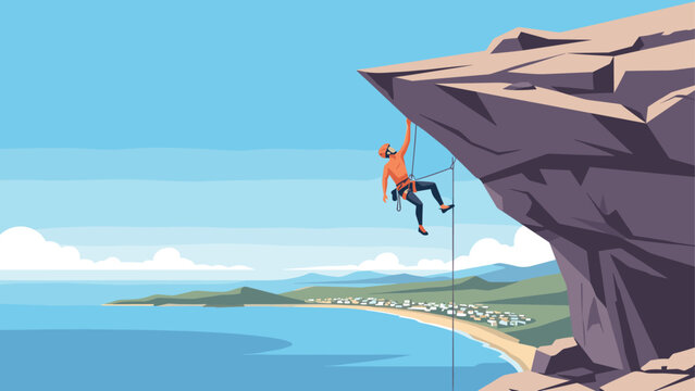 Man rock climbing on cliff overlooking scenic coastal view in flat design