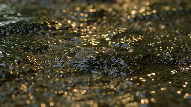 Glistening wet mud texture with golden sunlight bokeh, cinematic damp earth surface, close-up of muddy ground after rain