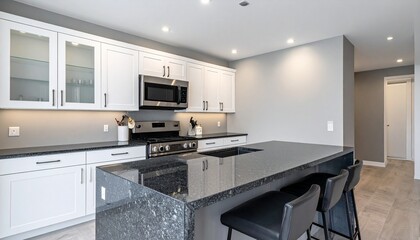 Modern Kitchen Interior with White Cabinets Black Countertops and Stainless Steel Appliances Representing Contemporary Design Home Decor and Lifestyle Elegance