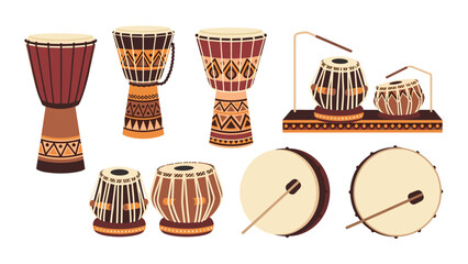 Traditional percussion instruments in flat design featuring drums and tribal patterns
