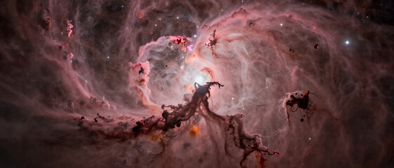 Obraz premium Majestic Cosmic Nebula with Swirling Pink and Purple Gas Clouds Illuminated by Bright Stars in Deep Space, Astronomy Photo for Science or Travel Backgrounds