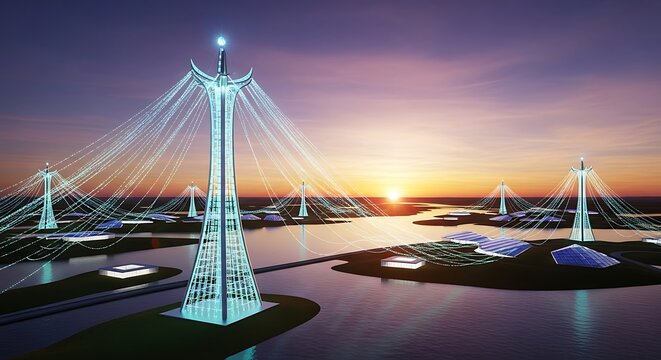 Futuristic Bridge Towers at Sunset Rendering.