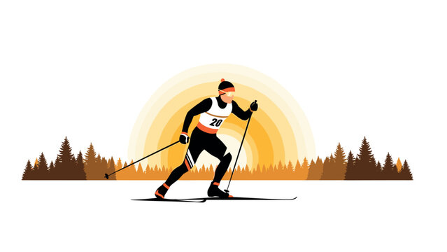 Cross country skier against sunrise in flat design