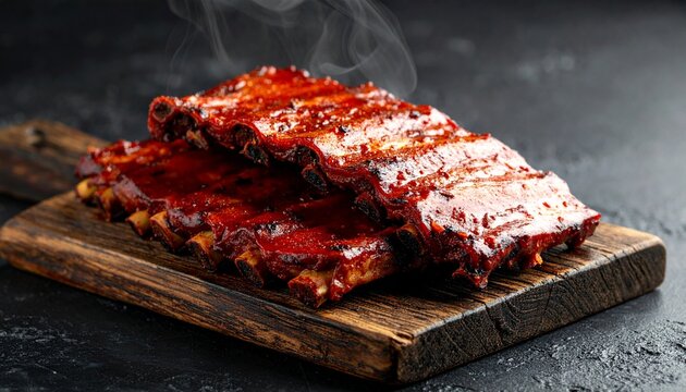 Smoked BBQ Ribs Glazed with Sauce on Rustic Wood Cutting Board Delicious Grilled Pork Ribs Ready to Eat.