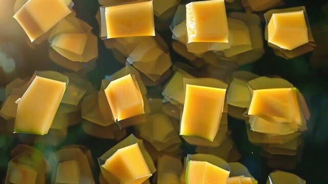 Abstract yellow geometric shapes floating in dark liquid, amber crystal blocks on black background, translucent golden cubes in water