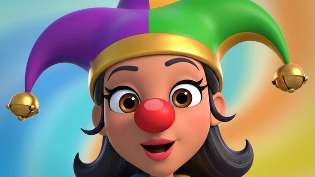3D cartoon girl character wearing jester hat with red nose smiling
