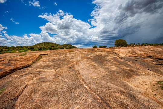 Rocky Landscape Granite Outcrop Vast African Horizon Stormy Clouds Botswana