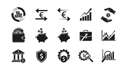 Fototapeta premium Financial icons set including money banking and investment symbols on white background for business and economy concepts