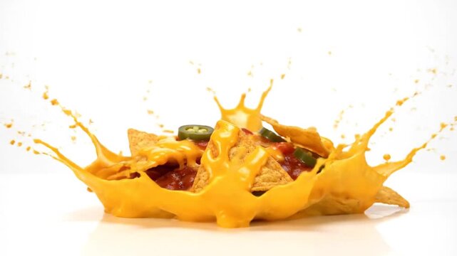 Vibrant and dynamic splash of golden melted cheese sauce dramatically coating crispy tortilla chips topped with zesty jalape&ntilde;os, creating an enticing and delicious savory snack