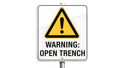 Obraz premium A warning sign displays a yellow triangle with an exclamation mark indicating an open trench in a construction site.