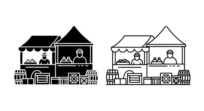 Market stall with barrels and goods icon