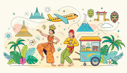Naklejka premium Vibrant illustration of travelers dancing near a colorful cart surrounded by tropical plants and cultural symbols