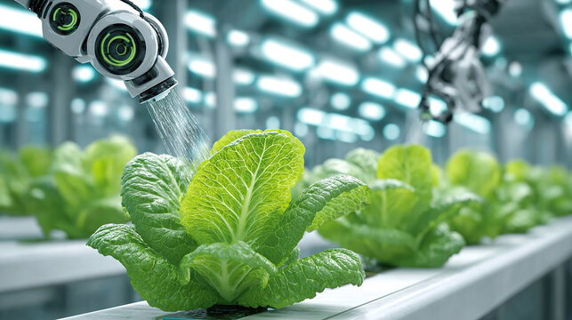 Modern greenhouse soilless cultivation robotic arm sprinkler irrigation technology agricultural scene