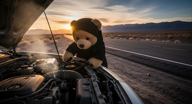 Teddy Bear Mechanic Fixing Broken Car on Desert Road at Sunset
