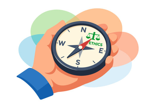 Hand holding a compass pointing towards ethics concept.