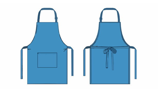 Blue Kitchen Apron Uniform Flat Technical Drawing Front and Back CAD Vector