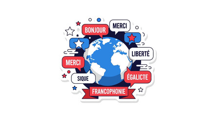 International Day of the Francophonie Colorful Language Celebration Sticker Vector with Globe and French Words © Fikitabo