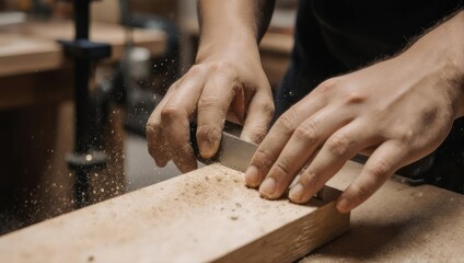 Close-up of a carpenters hands using a hand plane to smooth a wooden plank in a workshop.