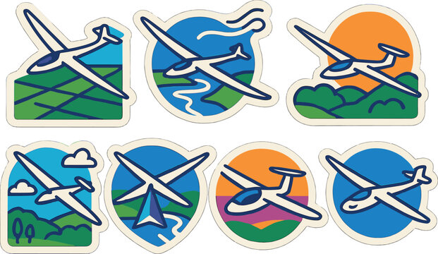 Colorful glider aircraft stickers with nature scenery in bold line art style