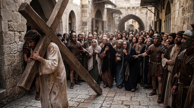Man carrying large wooden cross through historical street, surrounded by crowd