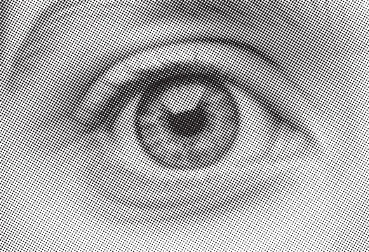 Close-up Macro Black and White Halftone of a Human Eye, Iris Detail, Intense Gaze, Vision and Perception Concept