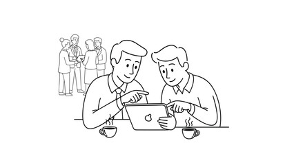 Team collaboration: colleagues discuss ideas over tablet with coffee in casual office setting