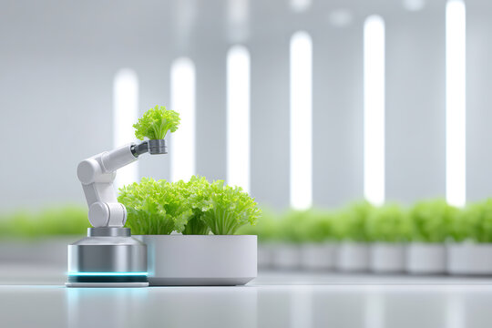 Modern greenhouse soilless cultivation robotic arm sprinkler irrigation technology agricultural scene