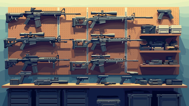 Modern animated firearm collection on display with various models and accessories