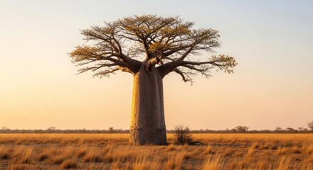 Fototapeta premium Iconic baobab tree stands tall in a savanna during golden hour.