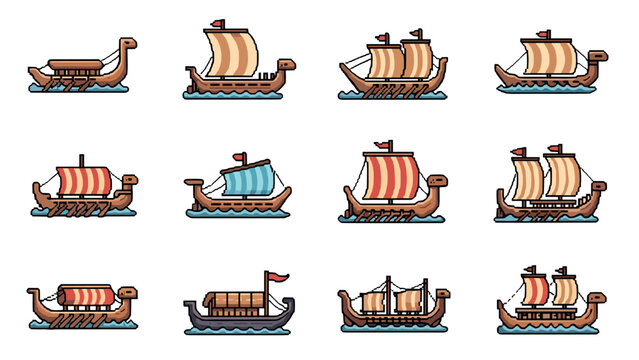 Set of cute viking ship icons in pixel art with sails and waves