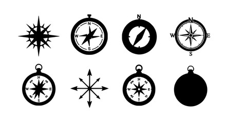 Compasses icon set with directional pointers and nautical symbols, vector illustrations. featuring compass, navigation,