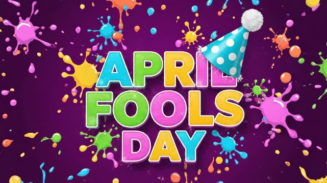 April Fools Day colorful text with party hat on purple background