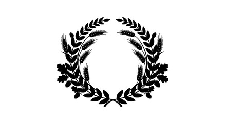Wreath black laurel with leaves and wheat elements arranged circularly featuring circular, silhouette, emblem with logo