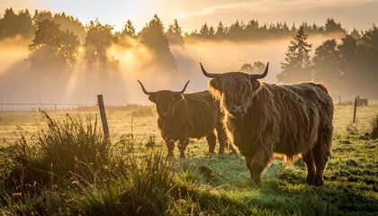 Horned cattle stand in a foggy field at sunrise with trees in background