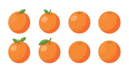 Fototapeta premium Set of eight flat style orange fruits with different leaf and texture variations