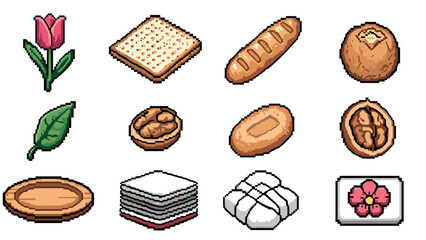 Retro pixel art: bread, crackers, and flowers collection
