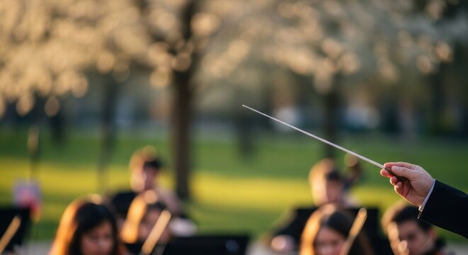 Conductor leads an outdoor orchestra in a park at sunset.