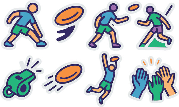 Colorful sticker collection of ultimate frisbee activities in playful doodle art style