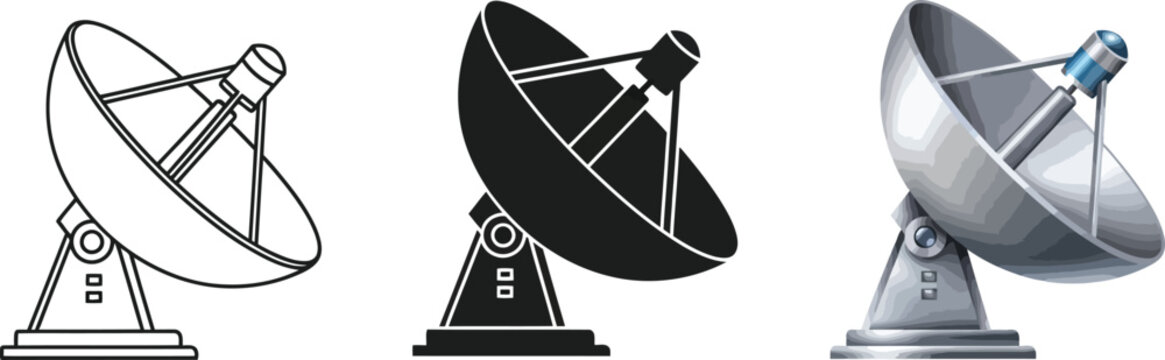Set of satellite dish icons in various styles including outline silhouette and realistic 3D perfect for technology and communication designs