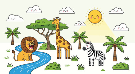 Fototapeta premium Cute cartoon lion giraffe zebra in african savanna landscape.