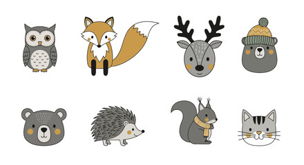 Fototapeta premium Cute Forest Animals Collection Featuring Owl Fox Deer Bear Hedgehog Squirrel Cat.