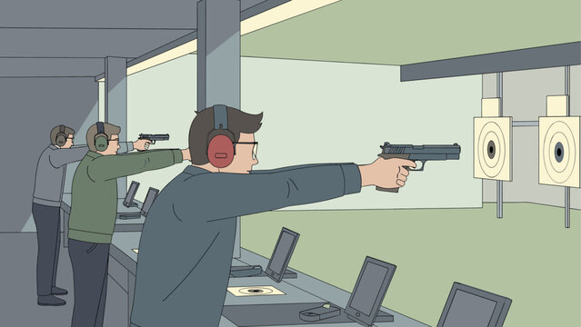 Indoor shooting range with people practicing pistol target practice in a minimalistic design