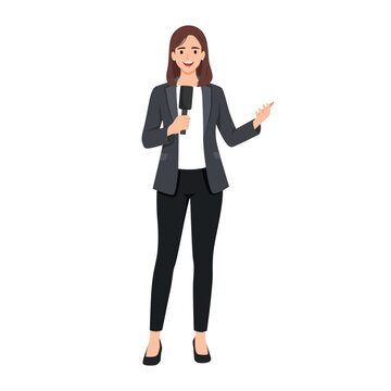 Professional Female Reporter Holding Microphone. Flat vector illustration isolated on white background