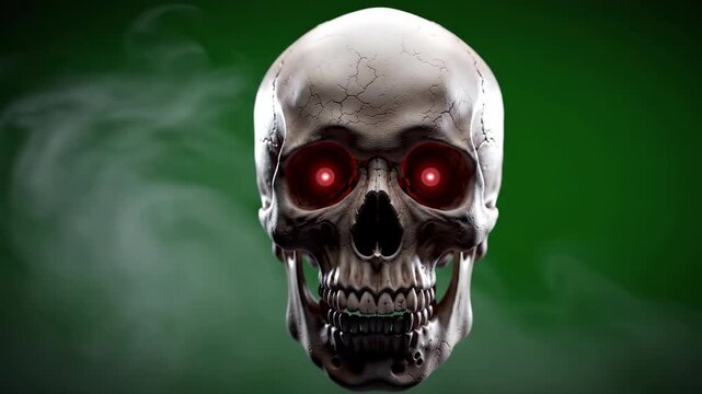 Human Skull with Glowing Red Eyes and Swirling Smoke on Green Screen Background Horror Scene