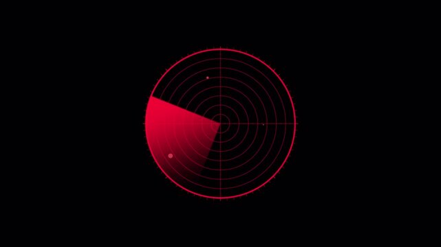 Red cyber radar sweep alert animation with intense scanning beam and futuristic monitoring interface. Perfect for warning or security visuals. Provided with alpha channel and seamless loop.