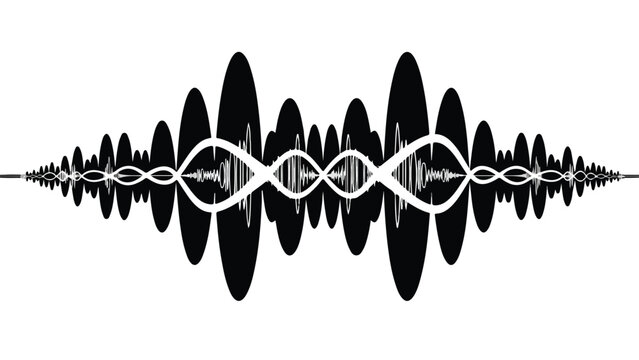 Black and white graphic illustration of a sound wave with a DNA double helix pattern in the center on a plain white background.