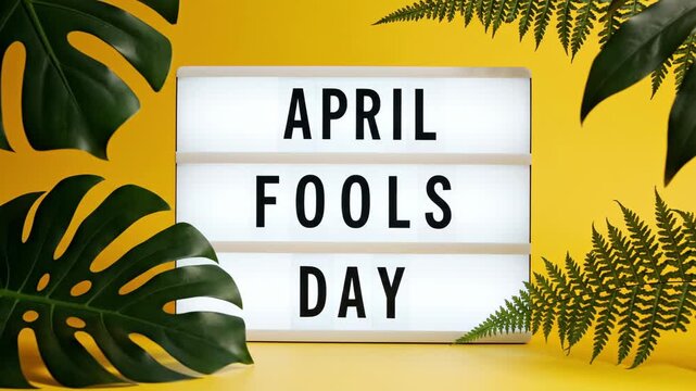 April Fools Day text on lightbox with tropical leaves