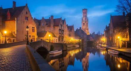 Fototapeta premium Old town canal with illuminated buildings at twilight.