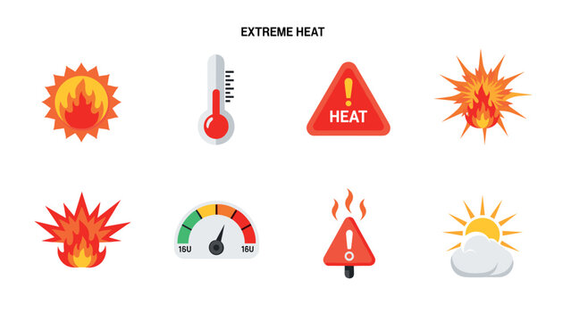 Extreme heat icons set featuring sun, thermometer, and warning signs