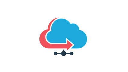 Cloud computing symbol with red arrow and network node on white background